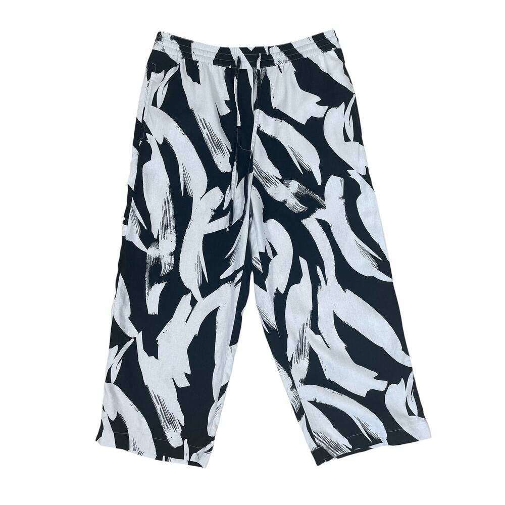 DKNY Linen Blend Abstract Print Pullon Cropped Pants Black White M Travel Resort